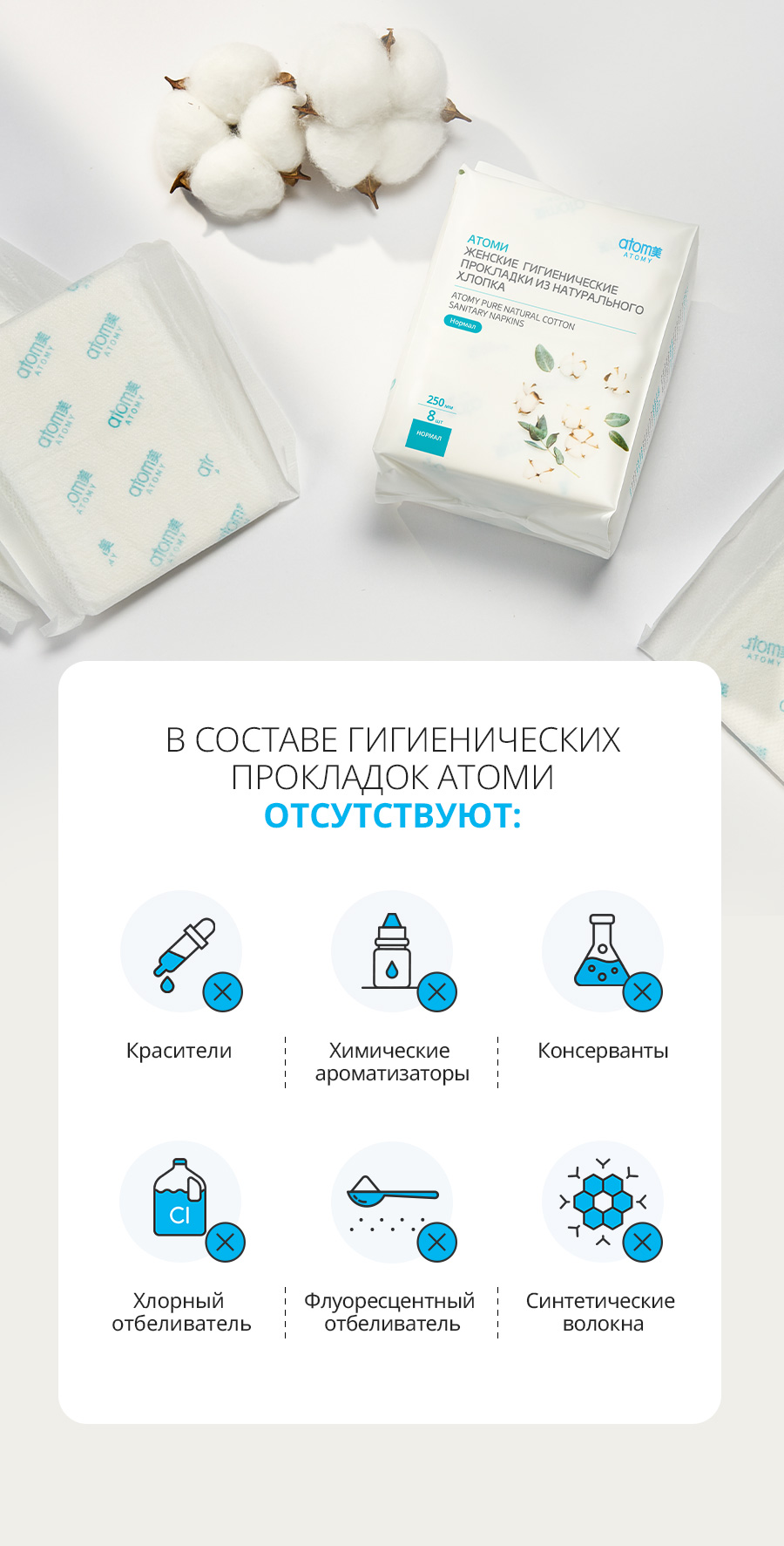 Атоми Гигиенические прокладки из натурального хлопка (Нормал) - описание
