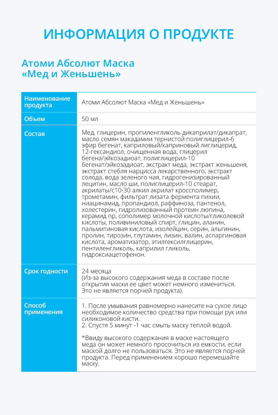 Атоми Абсолют маска Мед и Женьшень - описание
